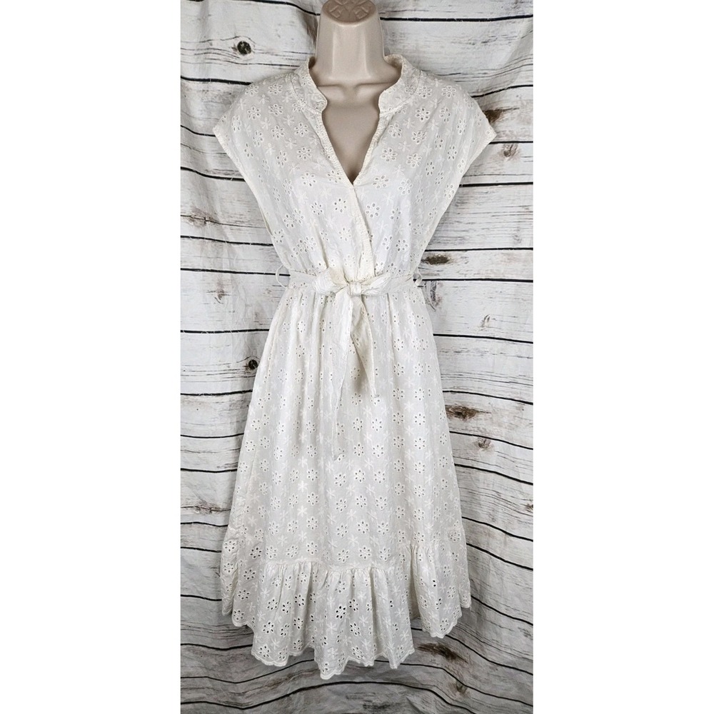 Lungo L'Arno White Eyelet Shirt Dress S Womens Midi Ruffle 100% Cotton Belted